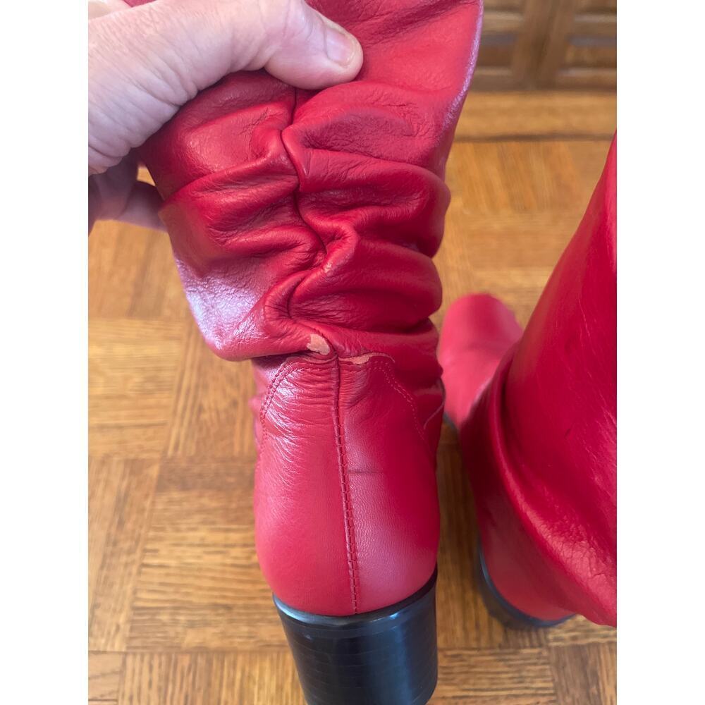 90s Vintage Red Leather Mid Calf Slouchy Boots • 6 • Hunt Club • Chunky Heeled - Picture 5 of 6